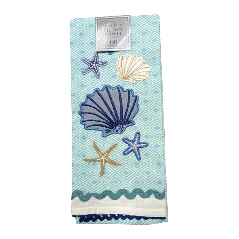 DII Seashells Kitchen Towel Embroidered Applique Rick Rack Trim Blue Beige Gift